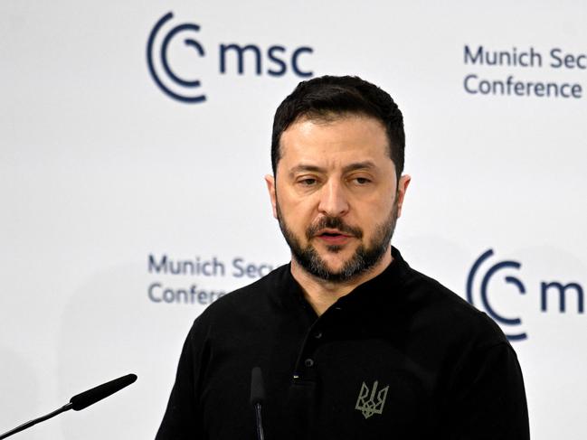 Ukrainian President Volodymyr Zelensky gives a speech during the 61st Munich Security Conference (MSC) in Munich, southern Germany on February 15, 2025. (Photo by THOMAS KIENZLE / AFP)