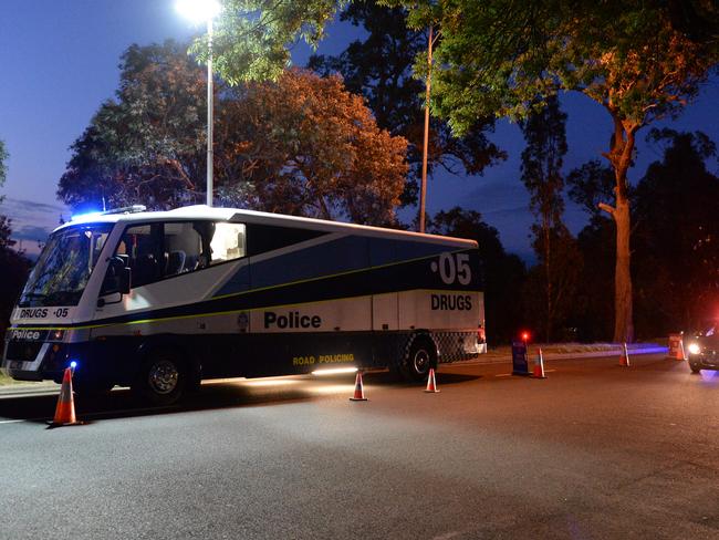 A drug testing bus is set up by police, preparing for drivers. Picture: Lawrence Pinder.