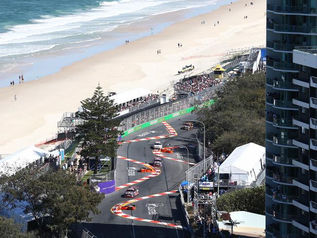 General, generic stock photo of the Gold Coast 600 Supercars race, held at the Surfers Paradise street circuit, Gold Coast.  Jamie Whincup of Red Bull Holden Racing leads the start of the race. Picture: BRENDAN RADKE