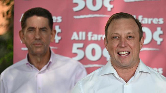 15/9/2024: The Premier Steven Miles, along with Deputy Premier Cameron Dick , Grace Grace  Member for McConnel Minister for State Development and Infrastructure and Transport Minister Bart Mellish , announce the extension of the 50c public transport fare system, in Newstead, Brisbane.  pic: Lyndon Mechielsen/Courier Mail