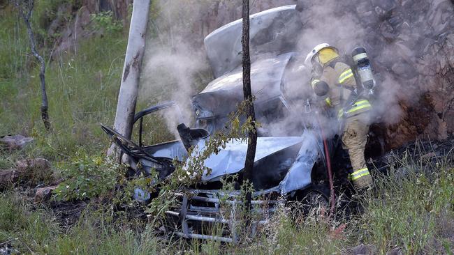 A car crashed over the side of a road on Mount Stuart. PICTURE: MATT TAYLOR.