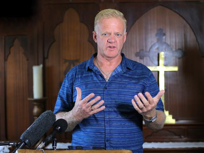 Tumbulgum's Living Waters Church Pastor Rob Stuttle addresses the media on behalf of the King family. Picture: Scott Powick/Daily News