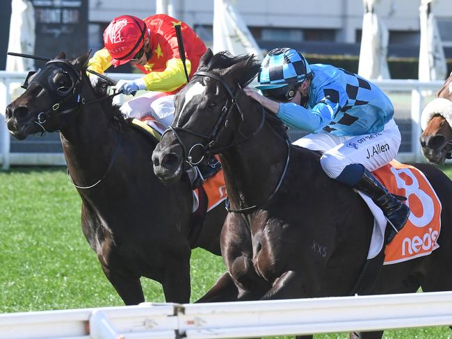 Bruckner ridden by John Allen wins the H.D.F. McNeil Stakes at Caulfield Racecourse on August 28, 2021 in Caulfield, Australia. (Brett Holburt/Racing Photos via Getty Images)