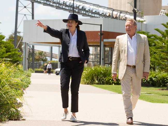 Premier Annastacia Palaszczuk with Dr Andrew Forrest announcing the biggest hydrogen electrolyser plant to be built in Gladstone. Picture: William Debois