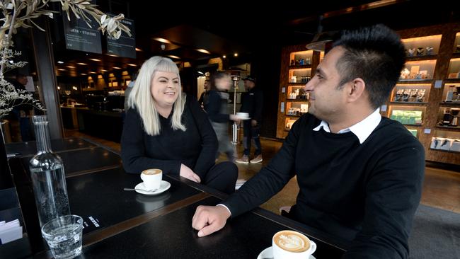 Brunswick locals Faisal and Alex at Code Black. The cafe is not in the lockdown hotspot. Picture: Andrew Henshaw