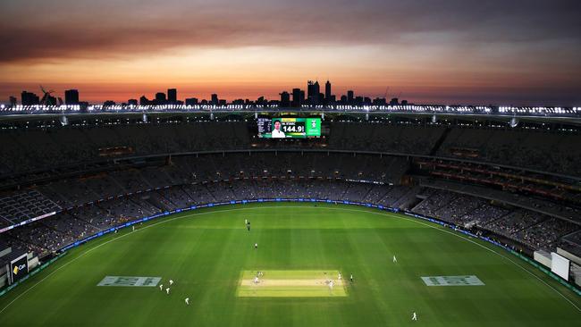 The sun sets over Optus Stadium in Perth. Picture: Getty Images