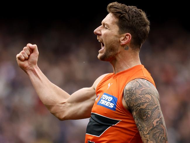 Giants Daniel Lloyd celebrates kicking a goal  during the AFL Elimination Final between St. Kilda Saints and the GWS Giants at the MCG on September 9, 2023. Photo by Phil Hillyard(Image Supplied for Editorial Use only - **NO ON SALES** - Â©Phil Hillyard )