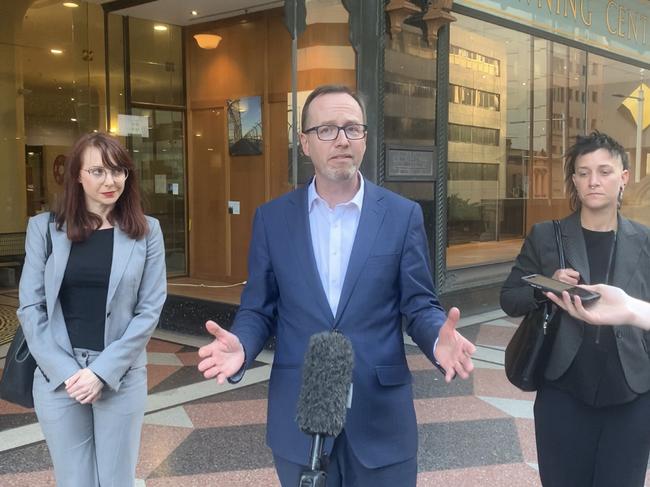 Felicity Kitson, David Shoebridge and Fiona Lee outside court after he was cleared of his charges on Friday. Picture: Supplied