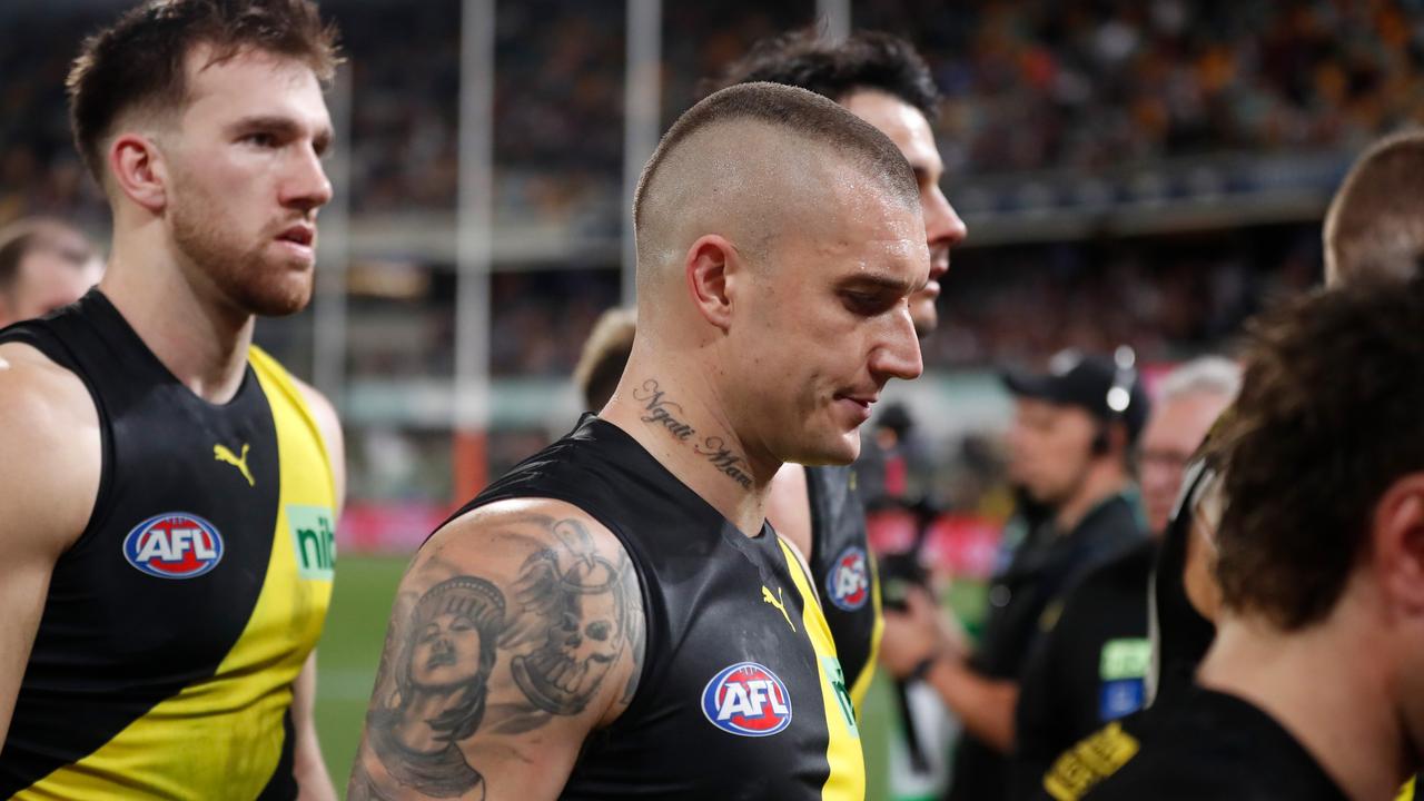 A dejected Dustin Martin walks off after the Tigers’ heartbreaking loss. Picture: Michael Willson/AFL Photos via Getty Images