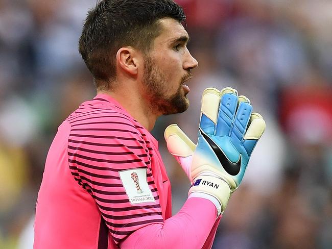 Australia's goalkeeper Mathew Ryan speaks to the referee following a foul during the 2017 Confederations Cup group B football match between Australia and Germany at the Fisht Stadium in Sochi on June 19, 2017. / AFP PHOTO / FRANCK FIFE