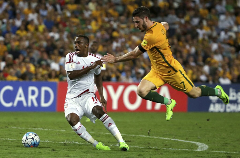 The United Arab Emirates' Ahmed Khalil, left, and Australia's Mathew Leckie compete for the ball during their World Cup qualifying soccer match in Sydney, Tuesday, March 28, 2017. (AP Photo/Rick Rycroft). Picture: Rick Rycroft