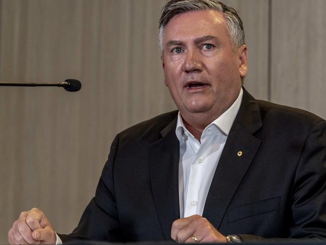 Mark Anderson, Eddie McGuire, Jodie Sizer and Peter Murphy from the Collingwood Football Club hold a press conference to discuss the release of the club's CGC Better Report. Eddie McGuire speaks during the press conference. Picture: Jake Nowakowski