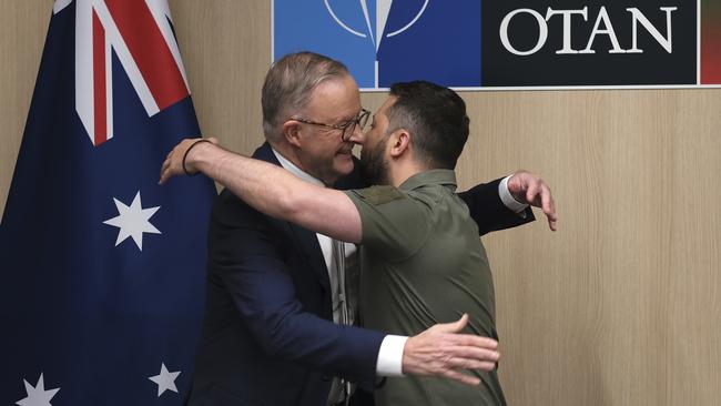 Anthony Albanese meets Ukraine President Volodymyr Zelensky at the NATO summit in Lithuania, on Wednesday. Picture: Jacquelin Magnay