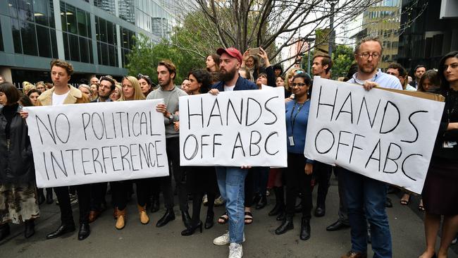 ABC staff hold a meeting outside their offices in Ultimo. Holding placards can be seen (L-R) Sarah Gerathy (blonde), Sean Rubenstein Dunlop (grey top) and Dylan Welsh (far right).