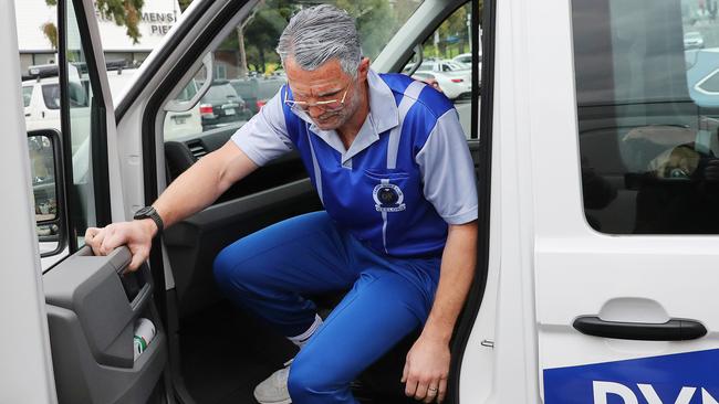 Patrick Dangerfield arrives on the retirement village bus. Geelong Cats Mad Monday at the Wharf Shed in Geelong. Picture: Alan Barber