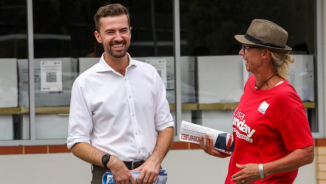 Zak Kirkup and a Labor campaign worker in Dawesville. Picture: Colin Murty