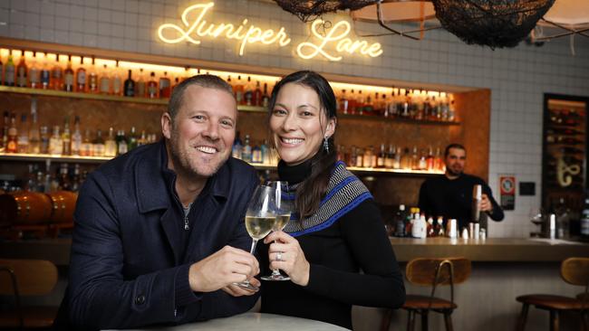 Jason and Catalina Rich enjoy their their first outing since the pandemic at iconic Mosman watering hole the Buena Hotel. Picture: Chris Pavlich