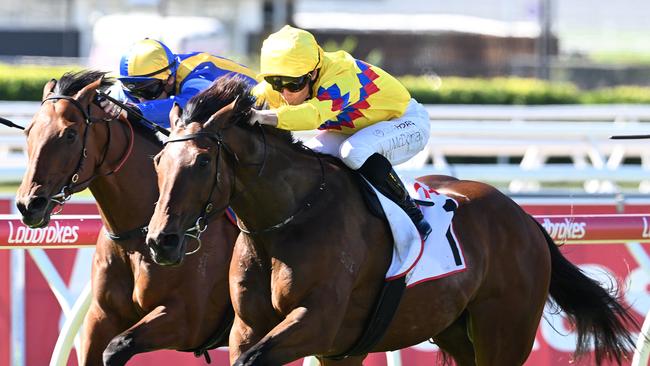 Freedom Rally scores the Listed Wayne Wilson at Eagle Farm for trainer Tony Gollan and jockey James McDonald. Pictures: Grant Peters, Trackside Photography.