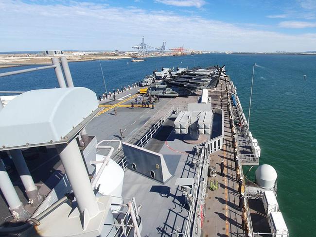 Overlooking the flight deck of the USS America as it pulled into Brisbane on Tuesday. Picture: Jodie Munro O'Brien