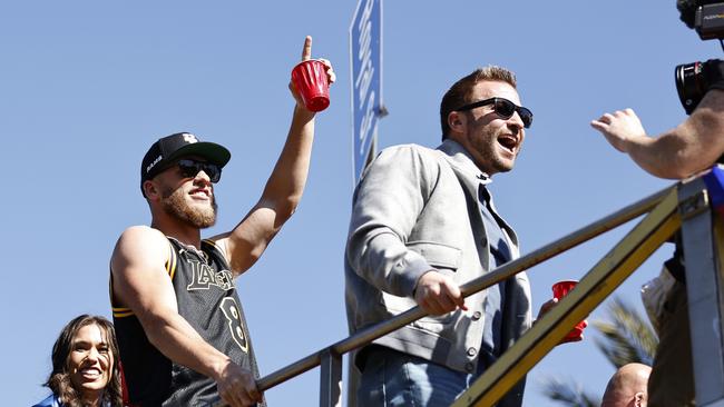 Head coach Sean McVay (R) and Super Bowl MVP Cooper Kupp, in a Kobe Bryant Lakers jersey, soak up the celebrations. Picture: Getty