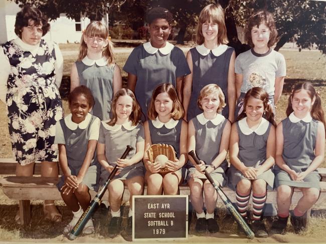 Linda Scott with her softball team in ‘79, her first year in Ayr. Mrs Scott went out and learned how to play softball so she could coach and bring the activity back for East Ayr girls.