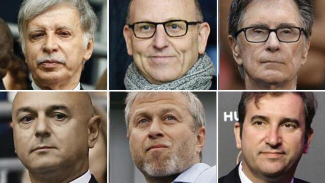 Arsenal's Stan Kroenke, Manchester United's Joel Glazer, Liverpool's John W Henry, Tottenham Hotspur's chairman Daniel Levy, Chelsea's Roman Abramovich, and Manchester City's Ferran Soriano. Pictures: Various sources / AFP