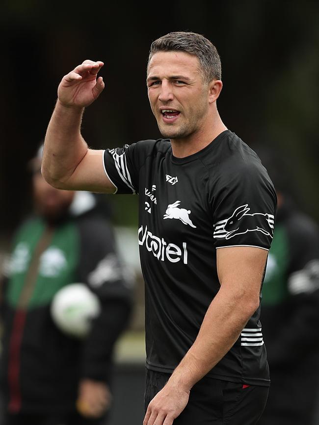 Sam Burgess talks to players during a South Sydney Rabbitohs NRL training session in March. Picture: Mark Metcalfe/Getty Images