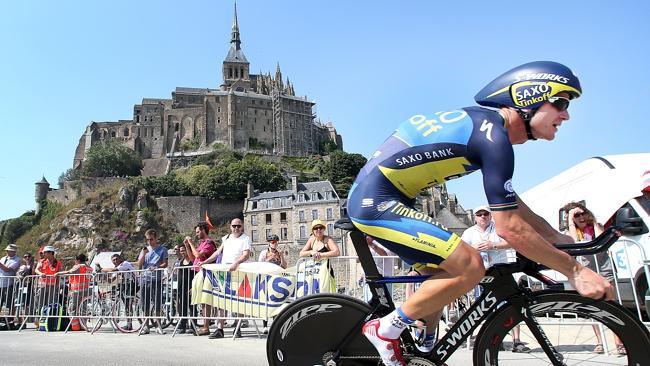 Michael Rogers rides past Mont Saint Michel during the Tour de France. Picture: Sarah Reed