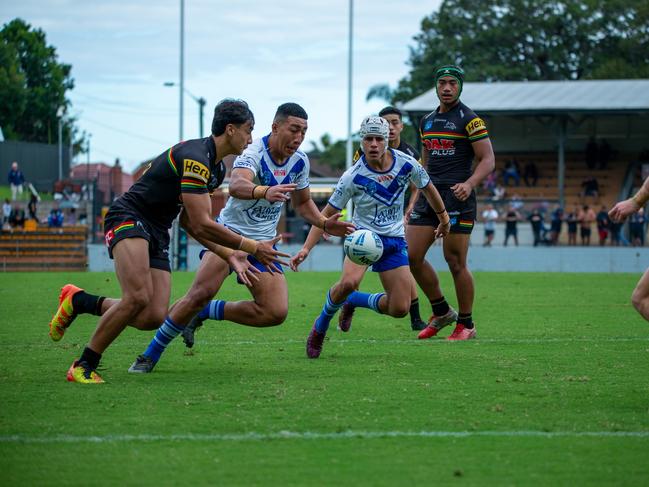 Penrith's Marcellus Iakopo and Canterbury's Sosaia Alatini fight for possession. Picture: Thomas Lisson