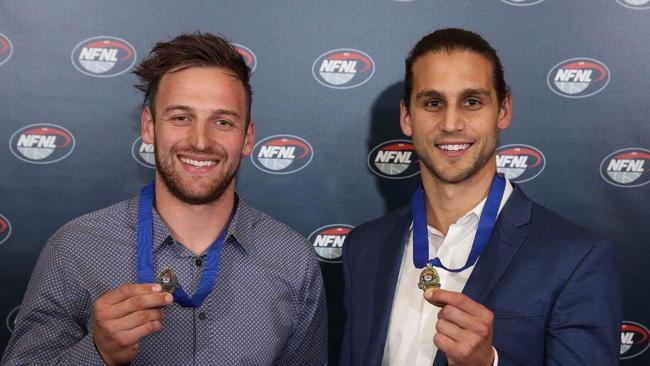 Lucas Hobbs (Macleod) and Michael Brunelli (Heidelberg) show off their Frank Rosbrook medals.