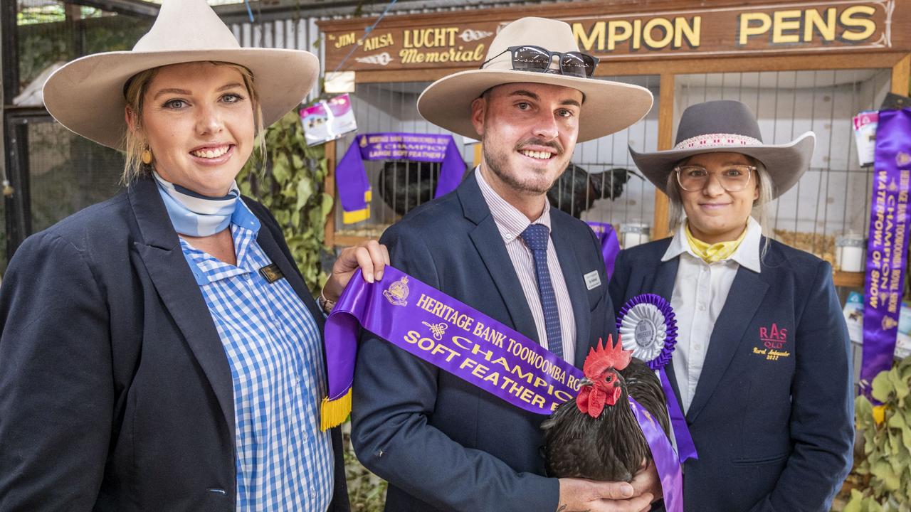 (from left) Alexandra Peters, Oakey rural ambassador, Ben Westhead, Crows Nest rural ambassador and Louise Fitzgerald, Toowoomba rural ambassador at the Toowoomba Royal Show. Saturday, March 26, 2022. Picture: Nev Madsen.