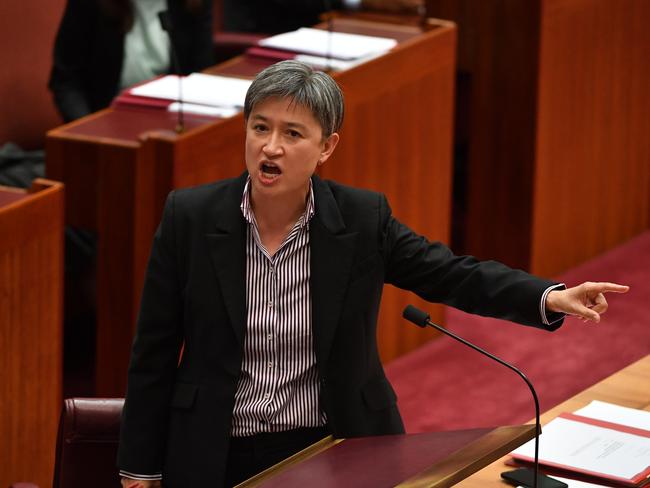 Shadow Minister for Foreign Affairs Penny Wong reacts after Minister for Finance Mathias Cormann successfully suspended standing orders in the Senate, and has won a vote to overturn a decision the Senate made on Thursday that the debate on the Sex Discrimination bill (to protect LGBT students) end, at Parliament House in Canberra, Monday, December 3, 2018. (AAP Image/Mick Tsikas) NO ARCHIVING