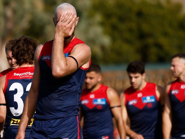 ALICE SPRINGS, AUSTRALIA - JUNE 02: Max Gawn of the Demons looks dejected after a loss during the 2024 AFL Round 12 match between the Melbourne Demons and the Fremantle Dockers at TIO Traeger Park on June 02, 2024 in Alice Springs, Australia. (Photo by Michael Willson/AFL Photos via Getty Images)