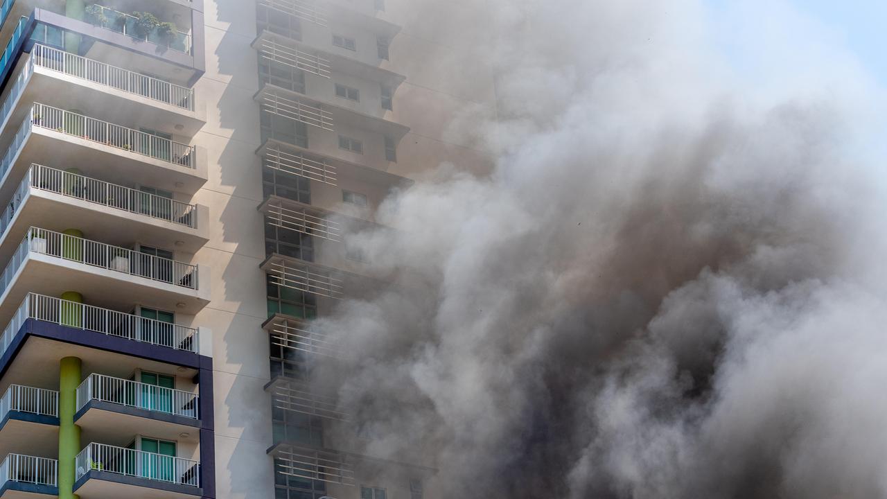 A fire has totally destroyed a house right next to DarwinÃ&#149;s tallest high-rise building, with the full range of emergency services rushing to the scene of the ferocious blaze. The fire on McMinn St is under investigation. picture: Che Chorley