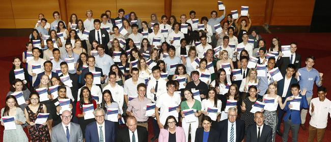 HSC Course First Place achievers with Premier Gladys Berejiklian, Education Minister Sarah Mitchell and Education Department officials after the presentation. Picture: John Appleyard