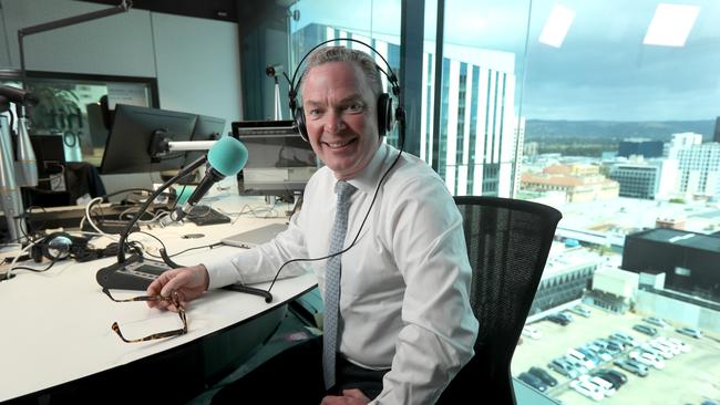 Christopher Pyne in radio mode in Adelaide. Picture: Kelly Barnes