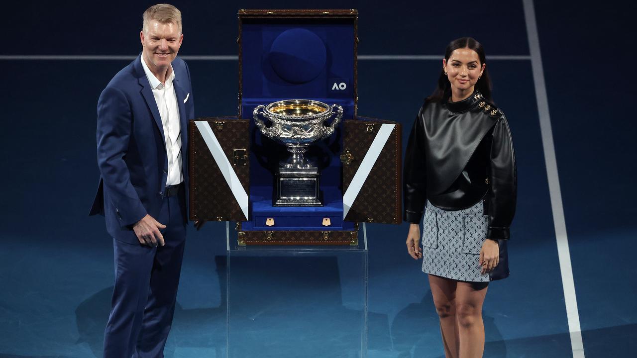 Jim Courier and Ana de Armas at last year’s men’s Australian Open final. Picture: Mark Stewart