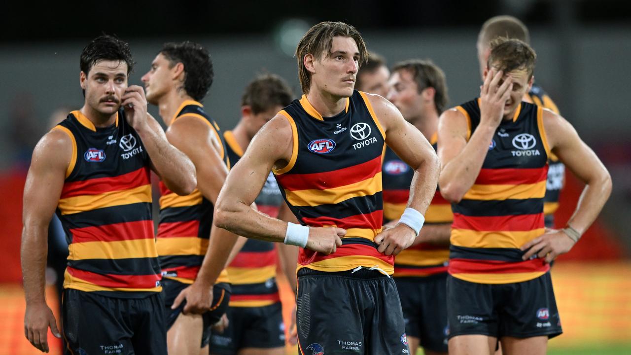 GOLD COAST, AUSTRALIA - MARCH 16: Josh Worrell of the Crows looks dejected after the round one AFL match between Gold Coast Suns and Adelaide Crows at People First Stadium, on March 16, 2024, in Gold Coast, Australia. (Photo by Matt Roberts/AFL Photos/via Getty Images )