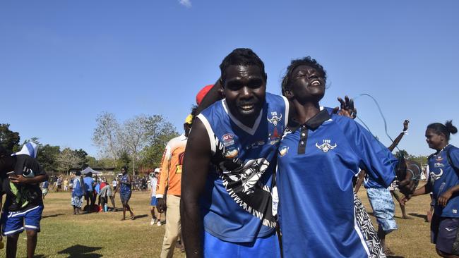 The Buffaloes celebrating in the Tiwi Island Football League grand final between Tuyu Buffaloes and Pumarali Thunder. Picture: Max Hatzoglou