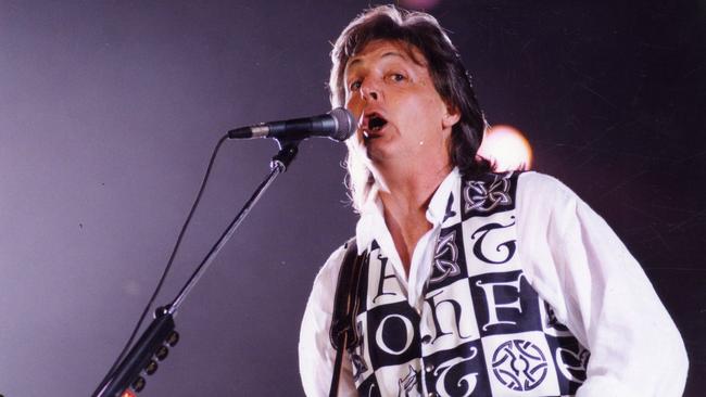 Singer Paul McCartney on stage in concert at Adelaide Oval, in March 1993.