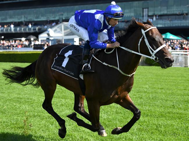 Jockey Hugh Bowman rides Winx for an exhibition gallop during The Championships Race Day at the Royal Randwick Racecourse in Sydney, Saturday, April 6, 2019. (AAP Image/Joel Carrett) NO ARCHIVING, EDITORIAL USE ONLY