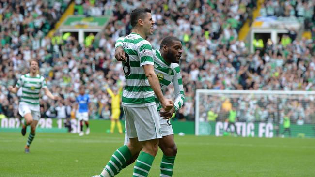 Olivier Ntcham celebrates with Tom Rogic after scoring Celtic’s winning goal.