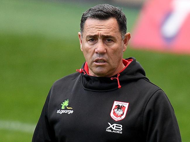 Dragons assistant coach Shane Flanagan looks on during the warm-up ahead of the Round 4 NRL match between the Canterbury-Bankstown Bulldogs and the St George Illawarra Dragons at Bankwest Stadium in Sydney, Monday, June 8, 2020. (AAP Image/Dan Himbrechts) NO ARCHIVING, EDITORIAL USE ONLY