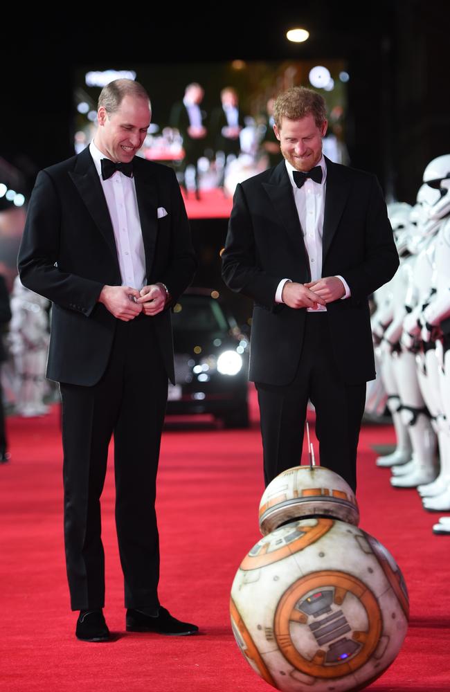 Prince William and Prince Harry with their ‘co-star’ BB-8 at Royal Albert Hall. Picture: Getty Images