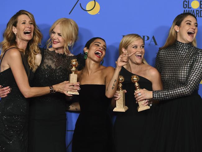 Laura Dern, Kidman, Zoe Kravitz, Reese Witherspoon and Shailene Woodley who all star in Big Little Lies won big on the night. Picture: Jordan Strauss/Invision/AP