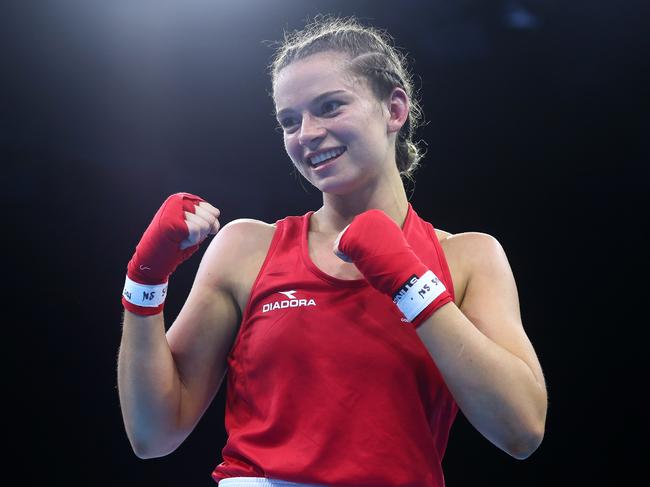 GOLD COAST, AUSTRALIA - APRIL 10:  Skye Nicolson of Australia celebrates winning against Christelle Aurore Ndiang of Cameroon in the Women's 57kg Quarterfinal Boxing on day six of the Gold Coast 2018 Commonwealth Games at Oxenford Studios on April 10, 2018 on the Gold Coast, Australia.  (Photo by Chris Hyde/Getty Images)