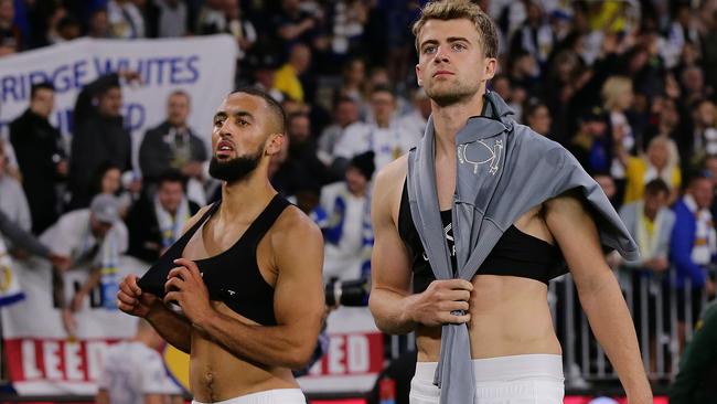 Leeds stars Kemar Roofe (left) and Patrick Bamford after Wednesday night’s match against Manchester United in Perth. Picture: Getty Images