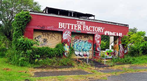 The Butter Factory in Eumundi has fallen into graffiti-daubed disrepair. Picture: Geoff Pottern