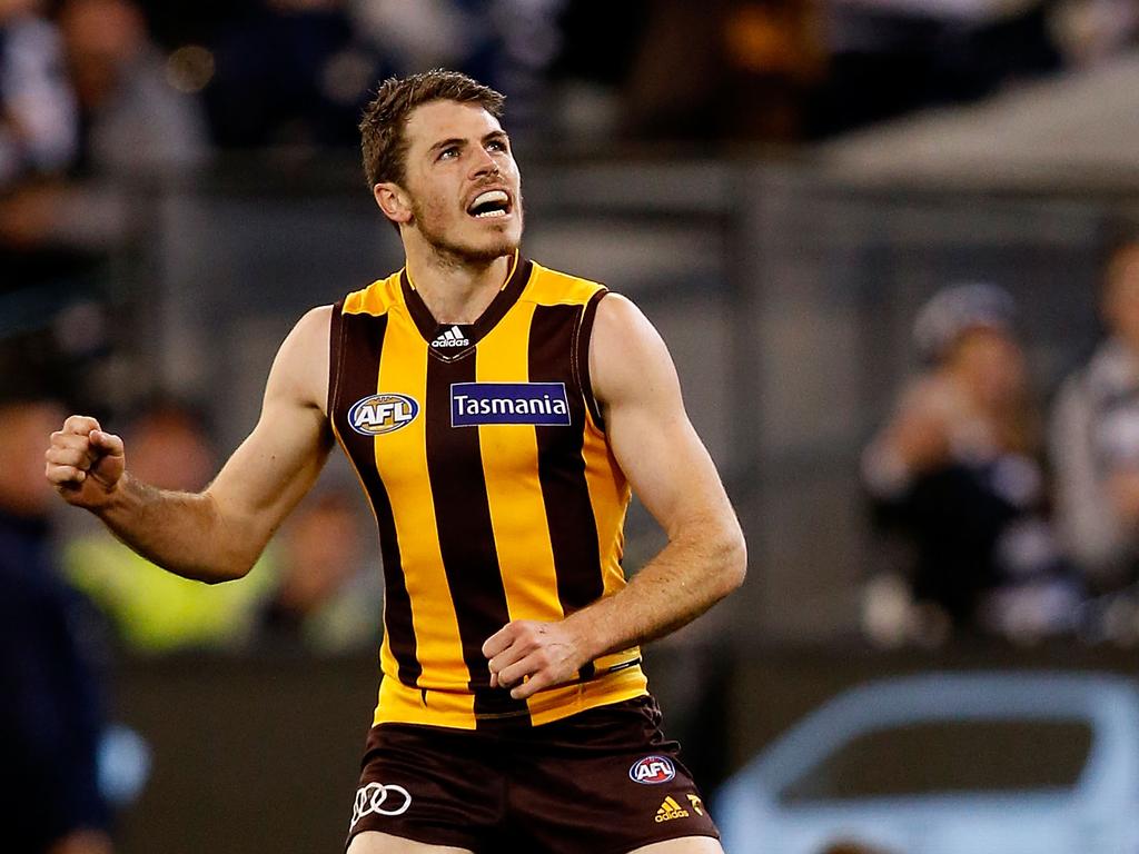 Isaac Smith of the Hawks looks dejected after a missed kick on goal after the final siren (Photo by Justine Walker/AFL Media/Getty Images)