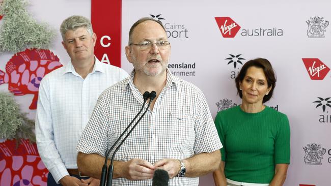 Virgin Australia will begin flying from Cairns to Haneda Airport in Tokyo from June 28, 2023, on brand new Boeing 737-8 Max aircraft. Queensland Minister for Tourism Stirling Hinchliffe, Tourism Tropical North Queensland Chairman Ken Chapman and Virgin Australia CEO Jayne Hrdlicka make the announcement at Cairns Airport. Picture: Brendan Radke